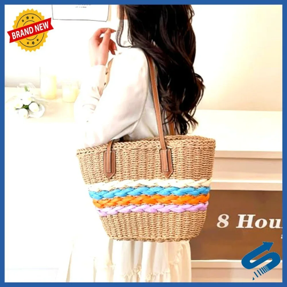 Woven Raffia Straw Tote Bag Boho Chic Summer Beach Vacation Travel Essential